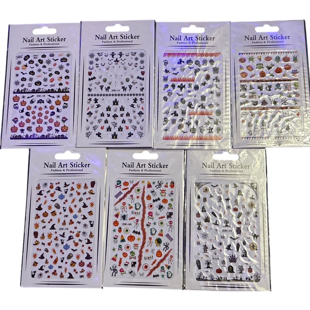 NEW 7 Pack Halloween Nail Art Stickers Decals Pumpkins Ghosts Bats Skulls